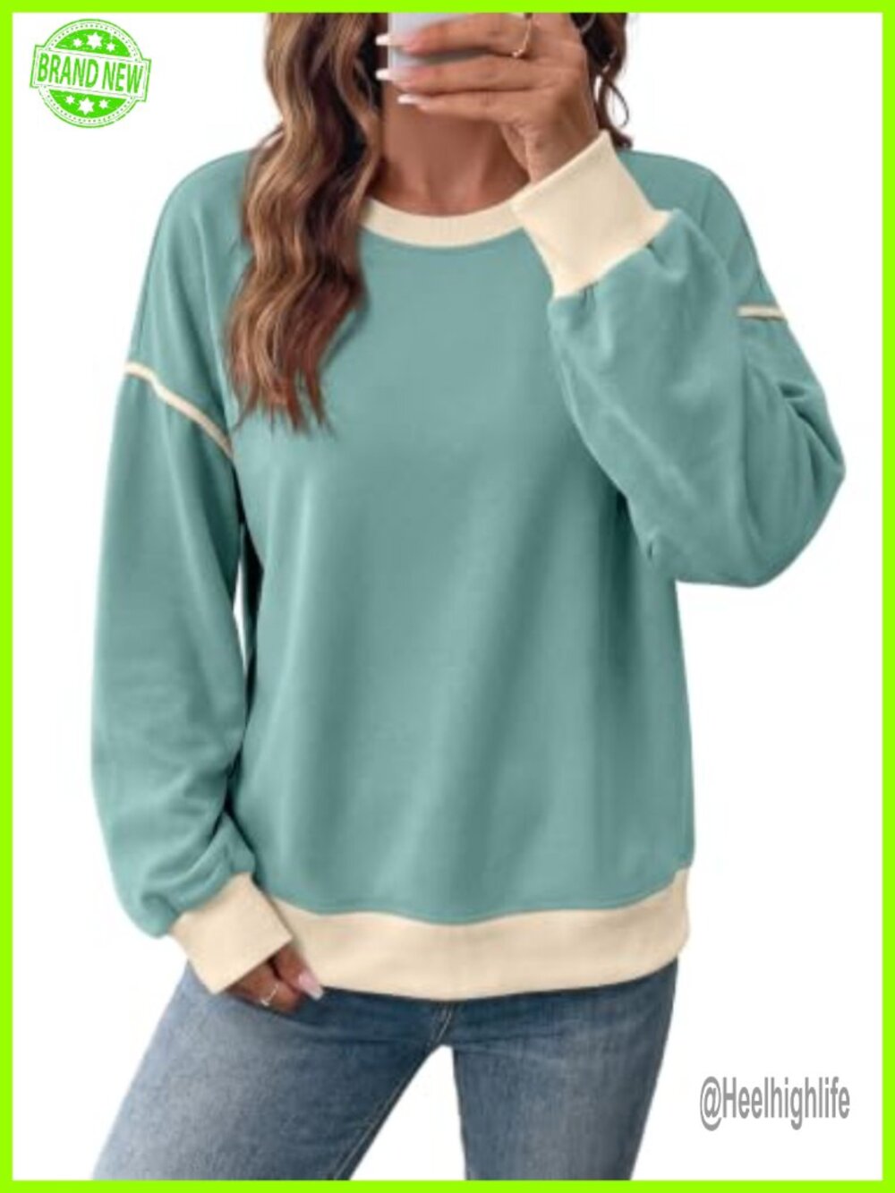 Womens Lightweight Crewneck Sweatshirt Contrast Trim Loose Pullover